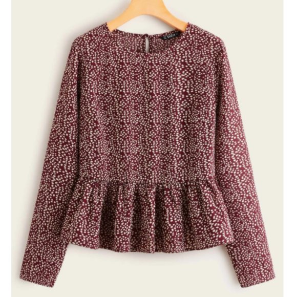 Tops - Burgundy Dalmatian Print Peplum Patterned Long Sleeve Blouse NWOT